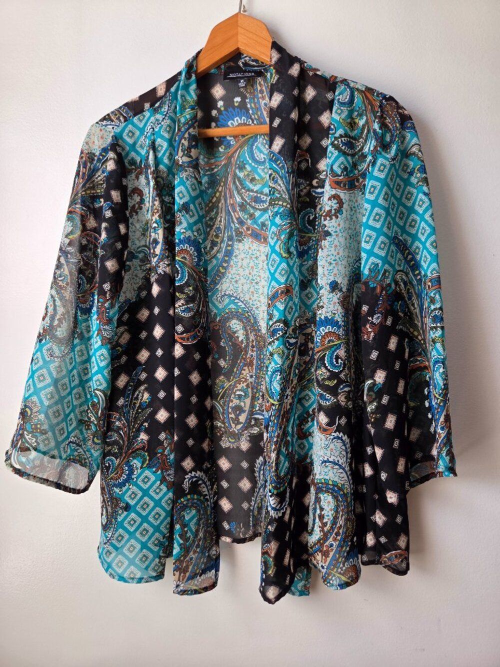 EUC NOTATIONS BOHO PRINT LIGHT WEIGHT SEMI SHEER CARDIGAN TOP SIZE M
